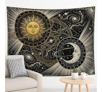 Arazzo galattico con sole e luna nero oro, universo celeste da appendere alla parete, estetica mistica decorativa per soggiorno, camera da letto, dormitorio, 228 x 178 cm