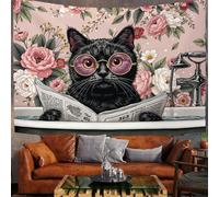 Arazzo Gatto Nero Con Gli Occhiali, Tappeto a Parete Ritratto Di Animale, Tappeto a Parete Rosa per Soggiorno Camera Da Letto Decorazione Murale 200x150cm