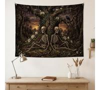 Arazzo gotico con scheletro bosco romantico, 101 x 76 cm | Estetica gotica del bosco, tessuto da appendere alla parete, due scheletri seduti, fiori di magnolia bianca, corvo arroccato