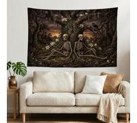 Arazzo gotico con scheletro bosco romantico, 152 x 101 cm | Estetica gotica del bosco, tessuto da appendere alla parete, due scheletri seduti, fiori di magnolia bianca, corvo arroccato