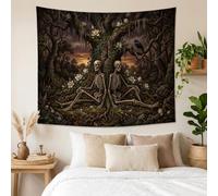 Arazzo gotico con scheletro bosco romantico, 152 x 127 cm | Estetica gotica del bosco, tessuto da appendere alla parete, due scheletri seduti, fiori di magnolia bianca, corvo arroccato