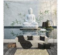 Arazzo Murale Scultura Ispirata Zen Bambù Per Camera Da Letto | 150X130 Cm Grande Carta Da Parati In Tessuto Vista Lago Wabi-Sabi Giapponese, Tapestry Aesthetic Wall Decorazione Panoramica Bianco