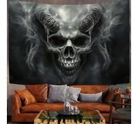 Arazzo Murale Stile oscuro e terrificante Per Camera Da Letto | 150 x 130cm Grande Carta Da Parati In Tessuto Sentiero Fumo di teschio demoniaco, Tapestry Aesthetic Wall DecorazioneNero e grigio
