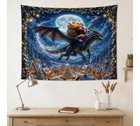 Arazzo natalizio con Babbo Natale che cavalca il drago, 101,6 x 76,2 cm | Babbo Natale, da appendere alla parete, villaggio innevato, luna piena, arte fantasy, paesaggio invernale, creatura mitica