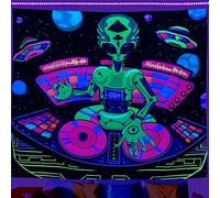 Arazzo nero chiaro UV reattivo divertente Alien DJ Arazzo esterno Blacklight Arazzo galassia Arazzo estetico da appendere alla parete per camera da letto soggiorno 160x51 pollici
