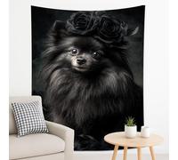 Arazzo nero con cane Pomerania, rosa floreale da appendere alla parete per decorazione della casa bohémien, elegante arazzo per soggiorno, camera da letto, amanti degli animali, 178 x 228 cm