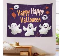 Arazzo Per Camera Da Letto Testo Buon Halloween , Arazzo Da Appendere Alla Parete, Illustrazione Un Fantasma Dei Cartoni Animati,Grande Decorazione Artistica Per La Stanza,Viola Scuro,150L X 130L Cm