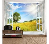 Arazzo scenico in poliestere, bianco giallo verde cornice finestra con prato paesaggio naturale arazzo arte da parete 150 x 150 cm