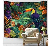 Arazzo tropicale con tucano, verde e giallo vibrante, da appendere alla parete, in stile giungla, arte decorativa per camera da letto, soggiorno, dormitorio, estetica naturale, 152 x 101 cm