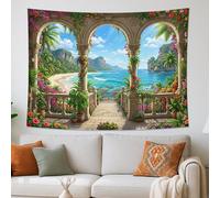 Arazzo tropicale paradiso, verde e blu, decorazione da parete con paesaggio naturale, da appendere, per soggiorno, camera da letto, stile bohémien, 203 x 152 cm