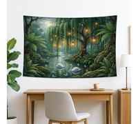 Arazzo verde con cigno e lanterna, foresta naturale, da appendere alla parete, arazzo incantato estetico per soggiorno, camera da letto, decorazione per la casa, 152 x 100 cm