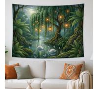 Arazzo verde con cigno e lanterna, foresta naturale, da appendere alla parete, arazzo incantato estetico per soggiorno, camera da letto, decorazione per la casa, 203 x 152 cm