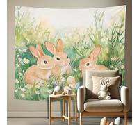 Arazzo verde da appendere alla parete con fiori primaverili, conigli e uova, graziosi arazzi per Pasqua, camera da letto, soggiorno, 152 x 152 cm