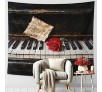Arazzo vintage con pianoforte, rosa rossa, da appendere alla parete, con note musicali, estetico, per soggiorno, camera da letto, decorazione per la casa, 152 x 127 cm