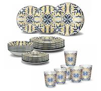 ARCA Servizio da Tavola in Porcellana Decorata, Set 18 Piatti + 6 Bicchieri