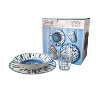 Arca Set 12 piatti porcellana pesci blu mare piano fondo +6 bicchieri vetro 32.5