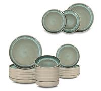 ARCA, Set 18 Piatti Coordinati Reactive Smeraldo in Ceramica Decorata, Servizio per 6 Persone, con Piatti Moderni Fondi, Piani e da Dessert