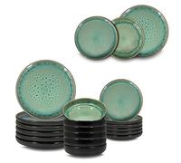 ARCA, Set 18 Piatti Coordinati Reactive Verde in Ceramica Decorata, Servizio per 6 Persone, con Piatti Moderni Fondi, Piani e da Dessert