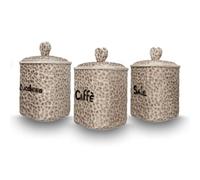 ARCA, Set 3 Barattoli per Sale, Zucchero e Caffè, Tris di Contenitori da Cucina in Ceramica Lavorata, Lavabili in Lavastoviglie, 10x15 cm, Fantasia Marble, Colore Tortora
