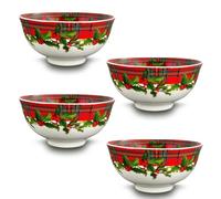 ARCA, Set di 4 Ciotole in Porcellana, per 4 Persone, con Decorazione Natalizia Scozzese, Resistenti e Durature, Ideali per la Tavola, Idea Regalo di Natale, 16x8 cm