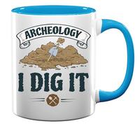 Archeology I Dig It - Divertente tazza da tè e caffè in ceramica con pala che scava, colore: azzurro