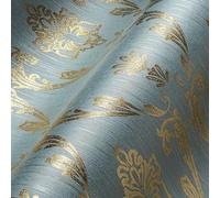 Architects Paper Carta da parati in tessuto metallizzato Silk con ornamenti barocchi, 10,05 m x 0,53 m, blu, verde metallizzato, Made in Germany 306586 30658-6