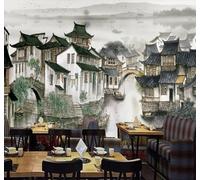 Architettura Vintage Disegnata A Mano Fiume Piccola Barca 3D Carta Da Parati Facile Installare Mobili Sfondi Ufficio Divano Camera Letto Sfondo Decorazione Murale-350cm×256cm