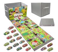 Archiviazione per auto giocattolo, tappetino da gioco per auto con 20 auto, scatole di stoccaggio per bambini con manici, tappetino per auto giocattolo pieghevole