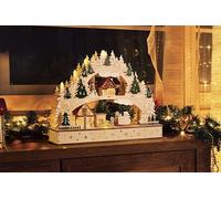 Arco natalizio con treno in movimento con candele a LED e funzione timer, decorazione natalizia, design in legno con scena invernale, arco luminoso illuminato