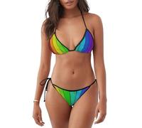 Arcobaleno Colorato Sfondo Legno Stampa Beachwear Costume Da Bagno Donna Due Pezzi Costume Da Bagno Vacanze Estive Attività Pisc, Nero , M
