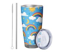 Arcobaleno con coperchio e cannuccia bicchiere per bambini divertente bella nuvola luna sole stella divertente stampato cartone animato blu giallo isolato lattina refrigeratore infrangibile viaggio
