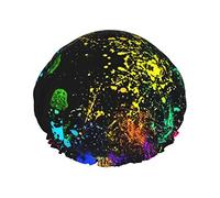 Arcobaleno di schizzi di vernice al neon Cuffia da doccia da donna Cappucci per capelli lunghi riutilizzabili con fascia elastica Cappello da doccia a doppio strato per adulti Bambini
