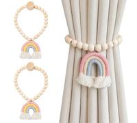 Arcobaleno Ferma Tende con Calamita 2 Pezzi, Ferma Tende Perline di Legno con Nappa 41 cm, Calamite per Tenda in Cotone Intrecciato a Mano, Tessuto a Mano in Legno Boho per Tende, Fermatenda, Casa