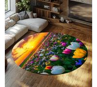 Arcobaleno Fiore Tappeto Rotondo Antiscivolo Lavabile Romantico Campo di Tulipani Tramonto Paesaggio Tappeti A Vele Basse per Camera Da Letto Soggiorno Divano 200cm
