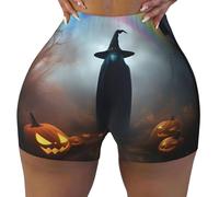 Arcobaleno Halloween Fantasma Cappello Strega Ragni Stampa Atletico Biker Pantaloncini per le Donne Pantaloncini da allenamento Casual Corsa Palestra Yoga Hot Pants, Nero , L