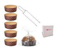 ARCOBALENO PARTY Kit Stampo Panettone Basso 5 Pz da 750 gr + Spillone Panettone + Sacchetti Alimentari 5pz Pirottini Panettone di Carta Ondulata in Pura Cellulosa Resistente al Calore 220°C