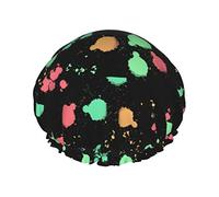 Arcobaleno Splatter Neon On Dark Cuffia da doccia Donna Cappucci per capelli lunghi riutilizzabili con fascia elastica Cappello da doccia a doppio strato per adulti Bambini