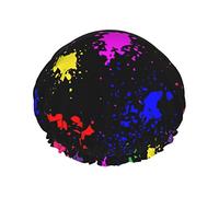 Arcobaleno Splatter Neon On Dark Cuffia da doccia Donna Cappucci per capelli lunghi riutilizzabili con fascia elastica Cappello da doccia a doppio strato per adulti Bambini