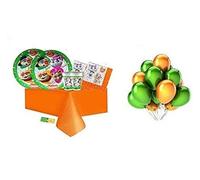 ARCOBALENOPARTY KIT 24 OSPITI 44 GATTI CON PALLONI ARANCIO/VERDI COORDINATO TAVOLA (24 PIATTI,40 TOVAGLIOLI,24 BICCHIERI,1 TOVAGLIA,10 PALLONI)