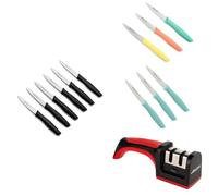 Arcos Nova Mega Set di 12 Coltelli Spelucchini (Nero, Menta e Multicolore) e Affilacoltelli Manuale Professionale Rosso/Nero - Lame da 100mm e 85mm in Acciaio NITRUM, Kit Cucina 13 Pezzi