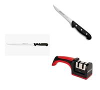 Arcos Riviera Set Specialista Salumi - 3 Pezzi: Coltello Forgiato per Prosciutto, Coltello Disossatore per Carne 130mm e Affilacoltelli Manuale Professionale Rosso/Nero - Kit Taglio e Cura delle Lame