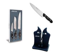 Arcos Set Coltelli da Cucina Chef - 5 Pezzi: Set Riviera da 3 Coltelli (Mondador, Santoku, Chef), Grande Coltello Cuoco Maître 220mm e Affilacoltelli Manuale Pocket Nero - Acciaio Inossidabile NITRUM