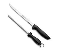Arcos Set di Coltelli in Acciaio Inossidabile - 2 Pezzi, Include Coltello per Prosciutto e Affilatore Chaira con Manico Ergonomico in Polipropilene - Nero, Serie Niza