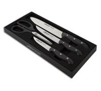 Arcos Set di Quattro Coltelli da Cucina, 3 Coltelli da Chef e 1 Forbici in Acciaio Inossidabile e Manico Ergonomico in Poliossimetilene per Tagliare Carne, Pesce e Verdure, Serie Maitre, Colore Nero