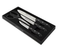 Arcos Set di Quattro Coltelli da Cucina, 3 Coltelli da Chef e 1 Forbici in Acciaio Inossidabile e Manico Ergonomico in Poliossimetilene per Tagliare Carne, Pesce e Verdure, Serie Maitre, Colore Nero