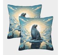 Arctic Seal Sitting-Illustrated Wildlife Scene Federe Cuscini Per Divano Decorativa Art Fodere Cuscino Confezione Da 2 Con Cerniera Invisibile Letto Casa Camera 45x45cm