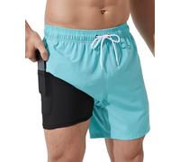 Arcweg Costume da Bagno da Uomo con Boxer Slip Foderato Pantaloncini da Bagno Fodera a Compressione 2 in 1 Pantaloncini da Spiaggia con Tasca con Cerniera Surf Bleu Ciel XL(EU)
