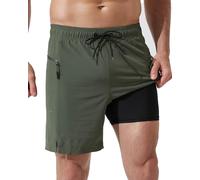 Arcweg Costume da bagno da uomo con fodera a compressione, 17,8 cm, ad asciugatura rapida, da spiaggia, pantaloncini da bagno 2 in 1 con tasche con cerniera, Verde militare, X-Large