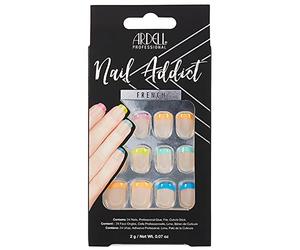 Ardell Nail Addict - Kit per unghie artificiali a pressione, punta francese multicolore, forma quadrata corta, 24 pezzi con colla, unghie finte acriliche alla moda per manicure fai da te