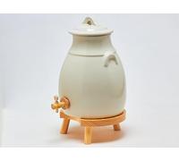 Ardosia Acetiera in Gres Bianco 3,5 L con Rubinetto e Supporto in Legno, per Fare Aceto in Casa, Aceto di Vino, Madre dell’Aceto, Istruzioni Incluse